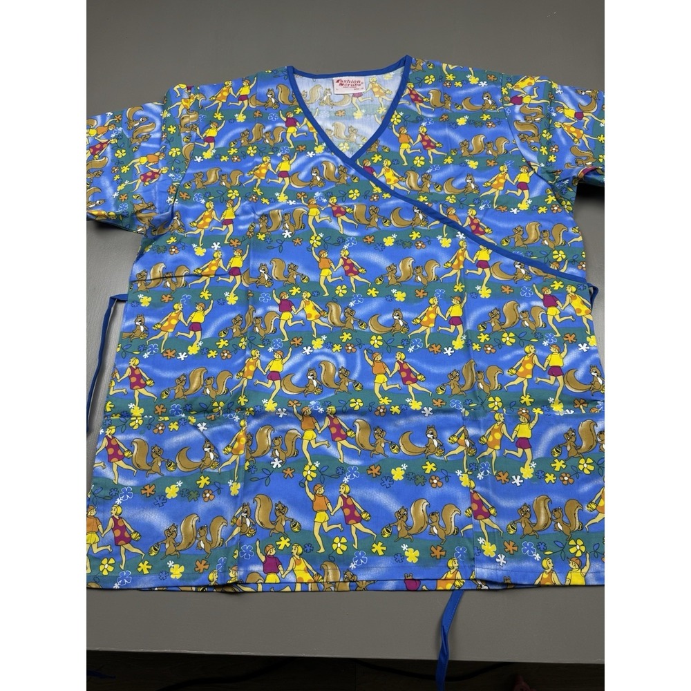 Fashion Scrubs Woman's V Neck Mock Wrap Scrub Top Size Large Multicolored New